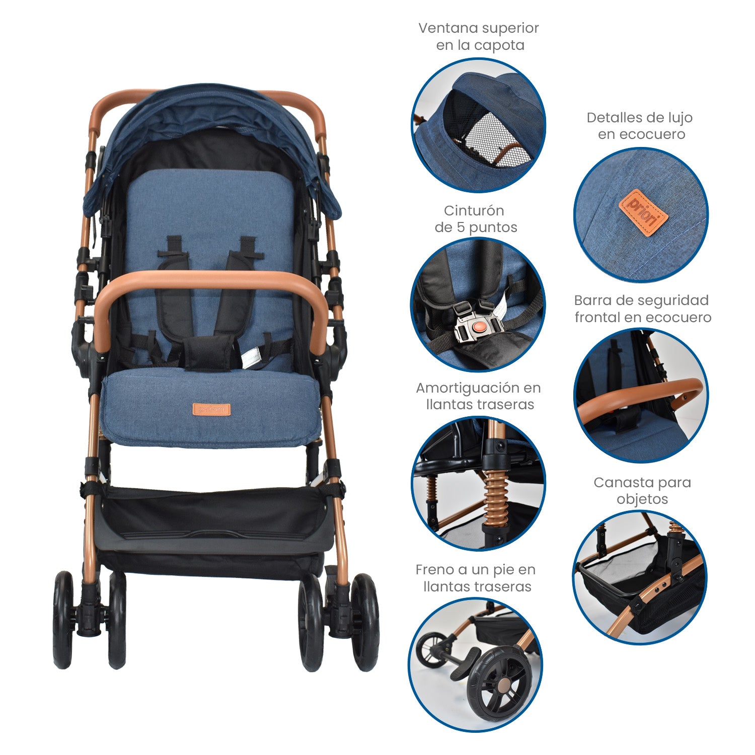 Coche para bebe con mango reversible tipo compacto priori viena azul 4